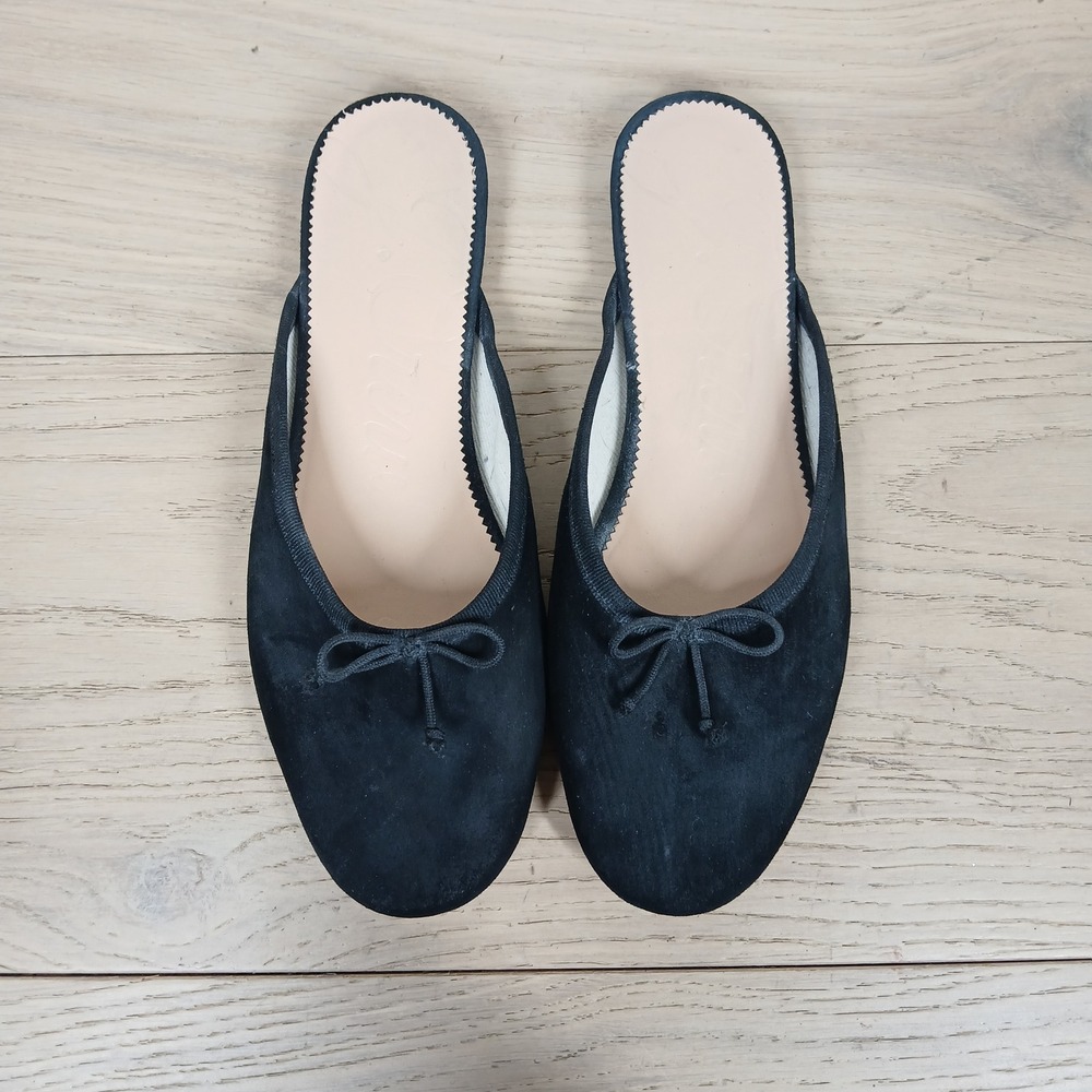 J.Crew Mules Womens 7.5 Black Suede Slip On Ballet Bow Casual Comfort Flats